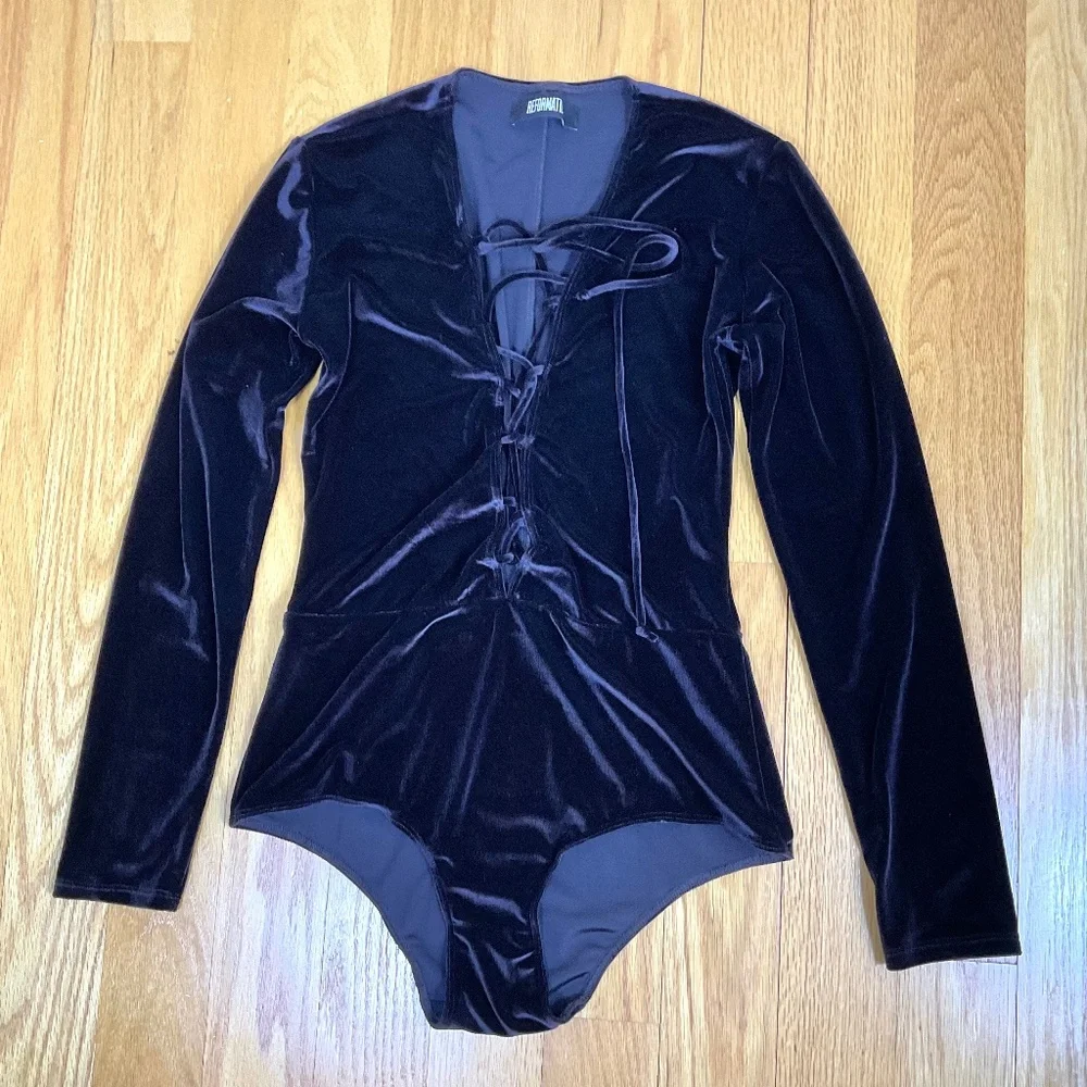 Reformation Velvet Bodysuit Lace Up Front Brown Avalon (M) - Picture 2 of 4